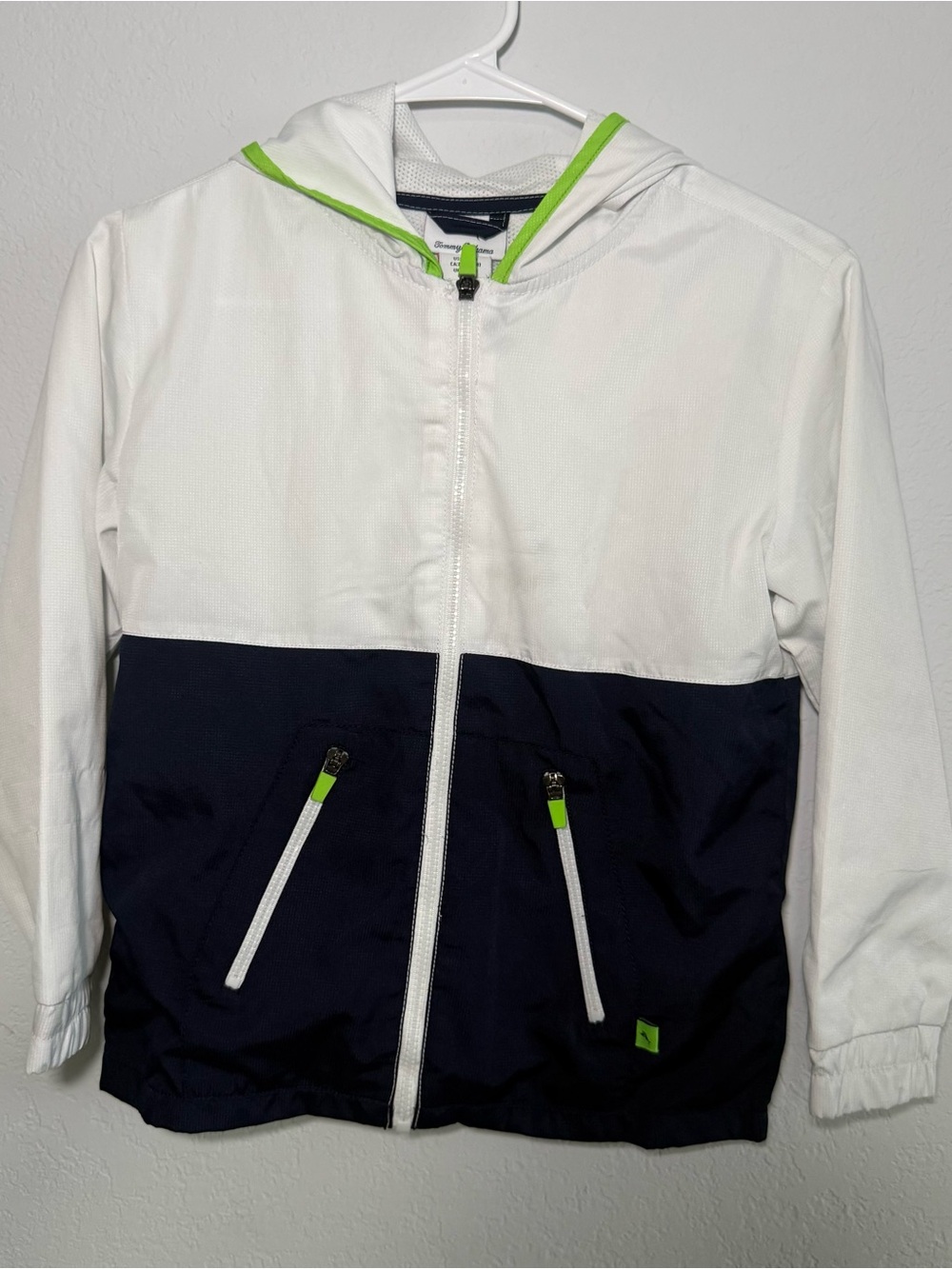 Tommy Bahama Boys M 7/8 Hooded Windbreaker Jacket Navy White Colorblock